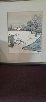 Aquarel Winterlandschap in lijst gesigneerd, Antiek en Kunst, Ophalen