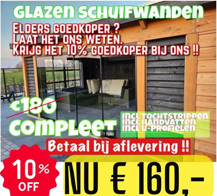 Glazen schuifwanden - €160 p meter Compleet met alles erbij, Doe-het-zelf en Verbouw, Kozijnen en Schuifpuien, Nieuw, Schuifpui