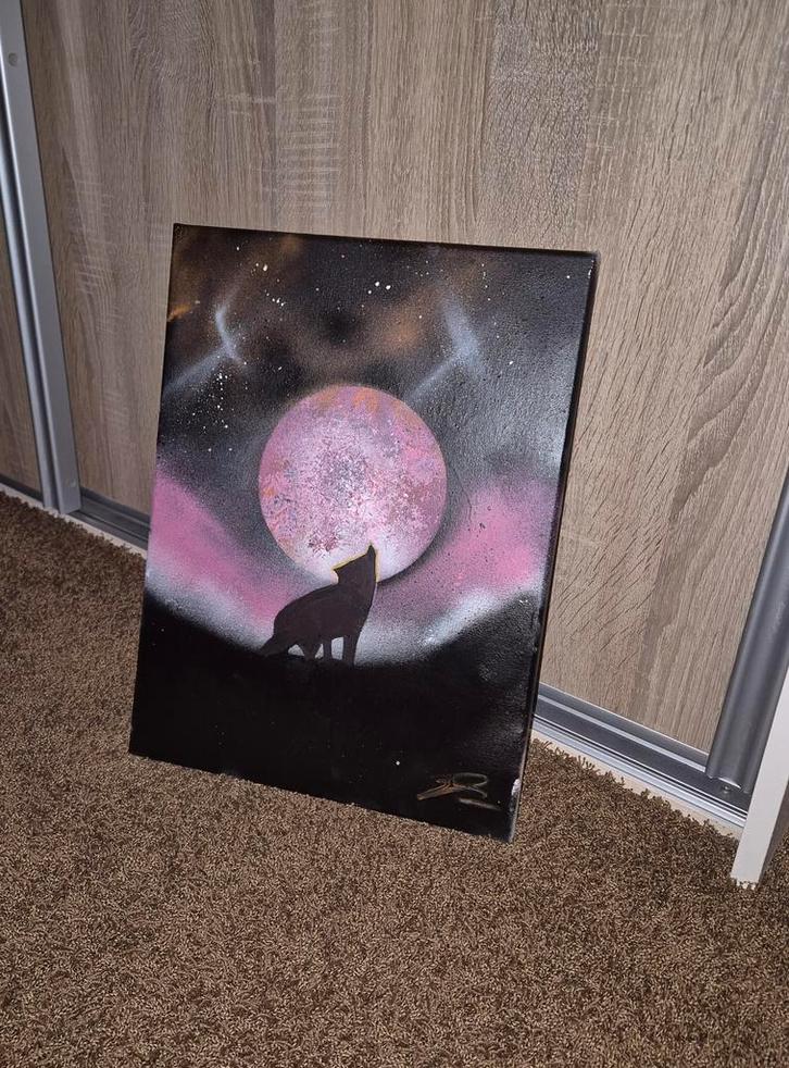 Graffiti Schilderij: Wolf en Maan, Antiek en Kunst, Kunst | Overige Kunst, Ophalen of Verzenden