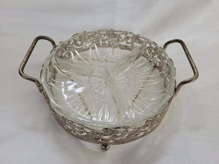 Vintage 3 vaks  Bonbonschaal in metalen Houder, Antiek en Kunst, Antiek | Schalen, Ophalen of Verzenden