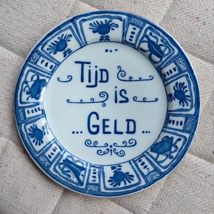 Tijd is geld, wandbord met spreuk, spreukenbord, Antiek en Kunst, Antiek | Wandborden en Tegels, Ophalen of Verzenden