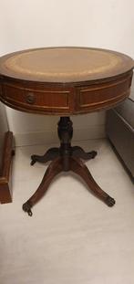Antieke ronde tafel met lederen blad, Ophalen of Verzenden