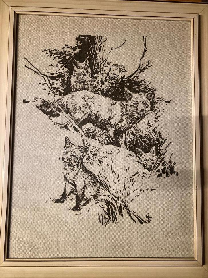 Rien Poortvliet  Vossen in het bos  druk op doek, Antiek en Kunst, Kunst | Tekeningen en Foto's, Ophalen of Verzenden