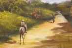 Schilderij van een landschap met een ruiter ter paard met ee, Ophalen of Verzenden, Gebruikt, Schilderij, 50 tot 75 cm