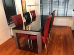 6 LEREN HVS EETTAFEL STOELEN ( 4 rode en 2 zwart leren ), Huis en Inrichting, Ophalen, Gebruikt, Leer, Modern