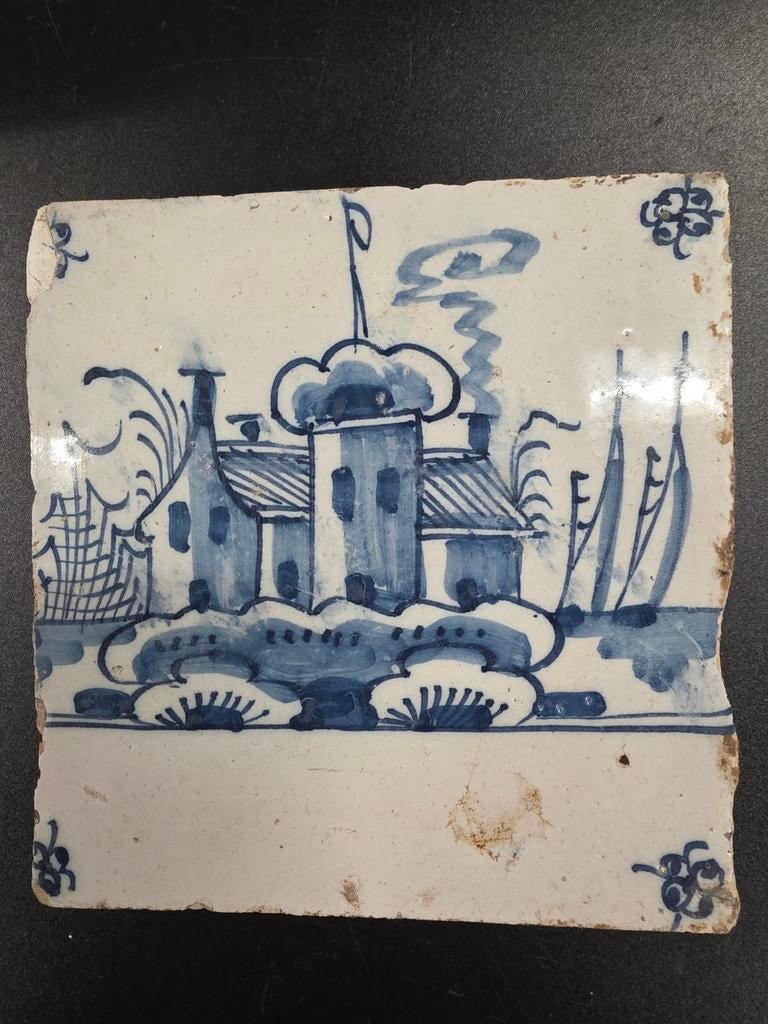 Antieke Delfsblauwe Tegel met Scheepsmotief, Ophalen of Verzenden