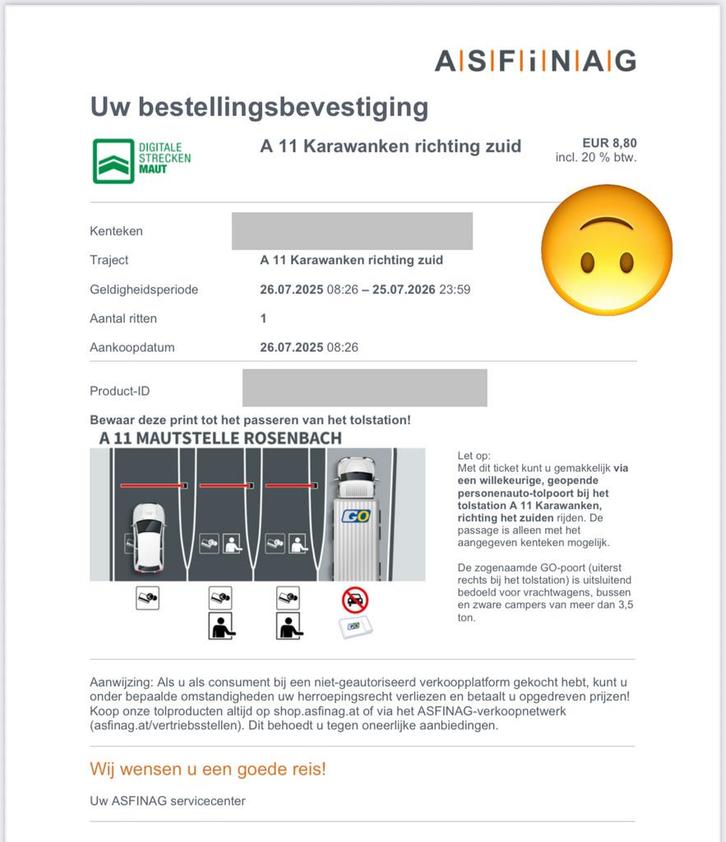 Vignet digitale tol ASFiNAG A11 Karawanken richting zuid, Tickets en Kaartjes, Autovignetten, Eén persoon