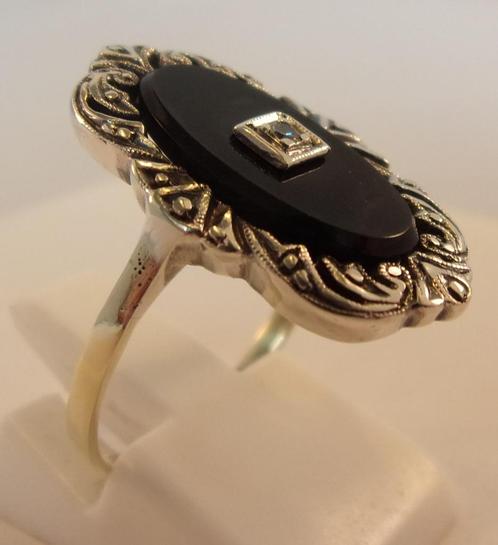 Unieke 14 karaat gouden Art Deco ring met Diamant en Onyx, Sieraden, Tassen en Uiterlijk, Antieke sieraden, Ring, Goud, Met edelsteen