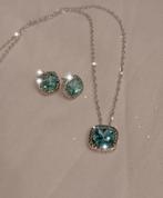Aquamarijn ketting en oorbellen nieuw! 12 ctw cushion cut!, Nieuw, Met edelsteen, Zilver, Verzenden