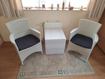 Wicker tuinstoelen met kussen (2) en tafel beschikbaar voor biedingen