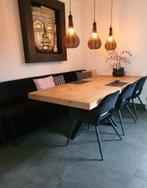 Eiken visgraat tafel 240 x 110 set met bank en stoelen, Ophalen, 100 tot 150 cm, 200 cm of meer, Zo goed als nieuw