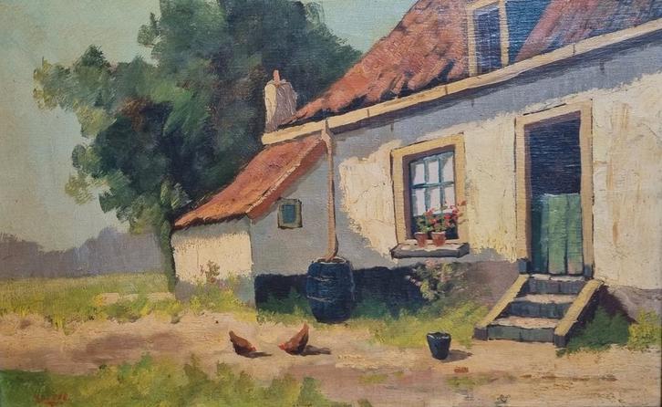 M.Ottee pseudoniem Arnout van Gilst"Boerenwoning met kippen", Antiek en Kunst, Kunst | Schilderijen | Klassiek, Ophalen of Verzenden