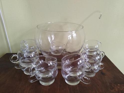 Vintage glazen punch bowl set met 12 glazen, Antiek en Kunst, Antiek | Glas en Kristal, Ophalen of Verzenden
