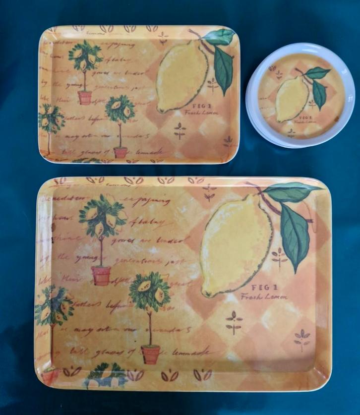 twee dienbladen met onderzetters, Huis en Inrichting, Woonaccessoires | Dienbladen, Zo goed als nieuw, Kunststof, Rechthoekig