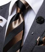 Stropdas Pochet Manchetknopen 100% zijde Goud Bruin -NIEUW-, Ophalen of Verzenden, Nieuw, Bruin, Met patroon