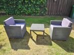 Lounge / Tuinset, kunststof, 2 stoelen met kussens en tafel, Tuin en Terras, Tuinsets en Loungesets, Kunststof, Gebruikt, Bijzettafel