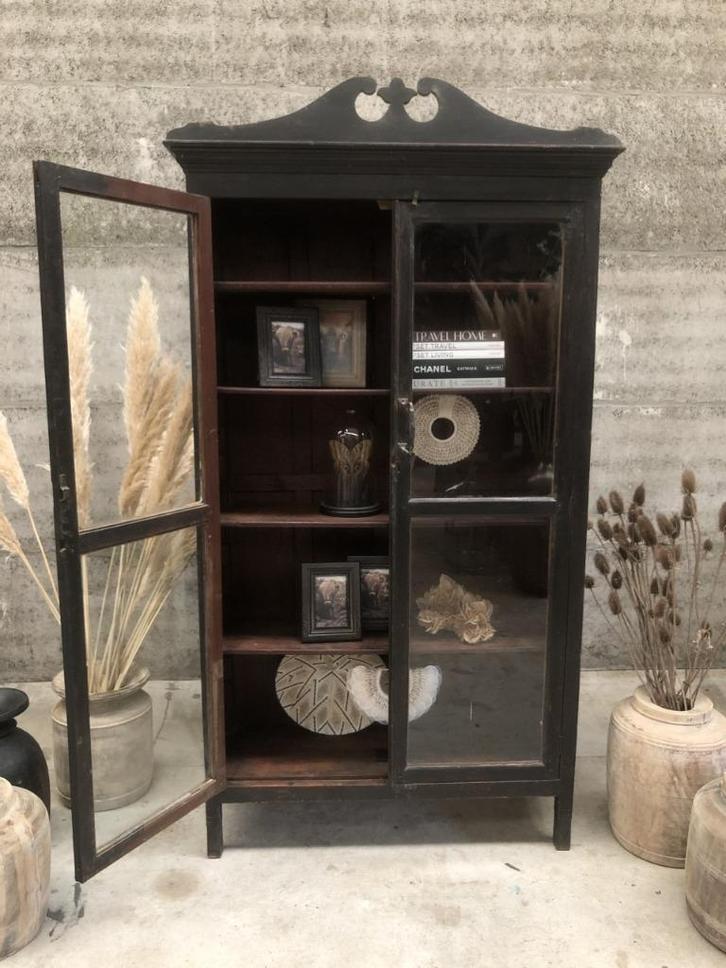 Mooie antieke vitrinekast met oud gebobbeld glas, Huis en Inrichting, Kasten | Vitrinekasten, Zo goed als nieuw, 200 cm of meer