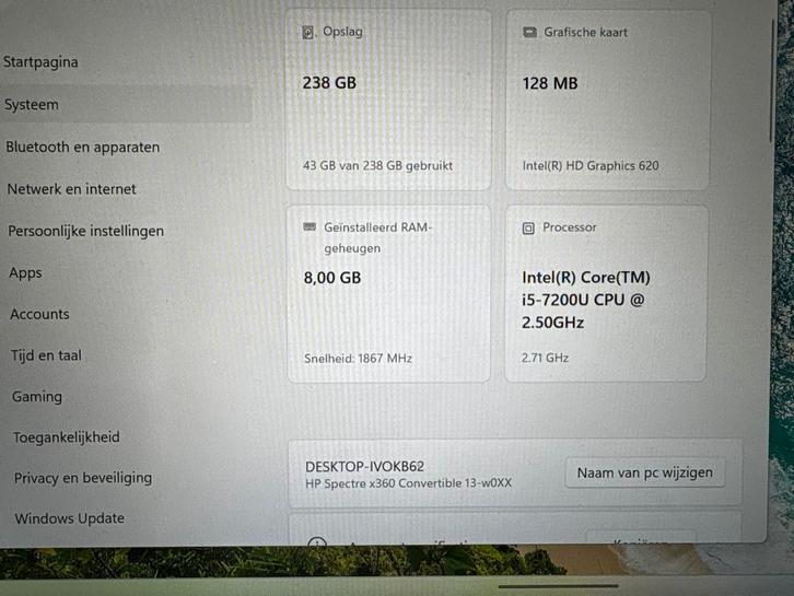 HP Spectre x360 i5, 8GB RAM, 238GB SSD, Computers en Software, Windows Laptops, Gebruikt, 13 inch, SSD, 2 tot 3 Ghz, 8 GB, Qwerty