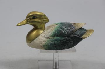 Mooi vintage houten beeld van een eend met messing kop beschikbaar voor biedingen