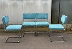 Vintage blauwe buisframe stoelen set, Gebruikt, Minder dan 75 cm, Ophalen of Verzenden, Metaal