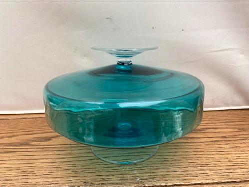 Zwiesel of Leerdam, Dekseldoos op voet, Meerblauw 1960 19 cm, Antiek en Kunst, Antiek | Glas en Kristal, Ophalen of Verzenden