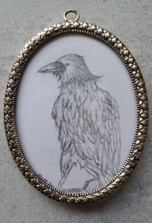 Tekening Raaf 11x7cm, Huis en Inrichting, Woonaccessoires | Schilderijen, Tekeningen en Foto's, Nieuw, Schilderij, Minder dan 50 cm