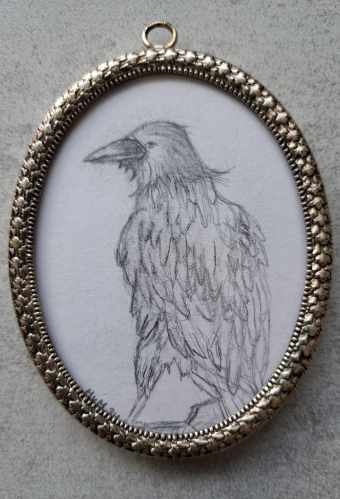 Tekening Raaf 11x7cm, Huis en Inrichting, Woonaccessoires | Schilderijen, Tekeningen en Foto's, Nieuw, Schilderij, Minder dan 50 cm