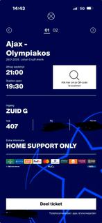 2 tickets Ajax-Olympiakos naast elkaar!!, Twee personen