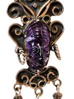 Massief zilver broche/hanger met gesneden Amethist ., Ophalen of Verzenden, Zo goed als nieuw, Met edelsteen, Zilver