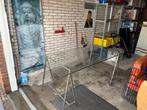 Glazen eettafel met chrome schragen, Huis en Inrichting, Tafels | Eettafels, Gebruikt, Design, Glas, 150 tot 200 cm