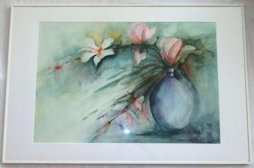 Groot schilderij aquarel met bloemen, gesigneerd, 94 x 63 cm, Antiek en Kunst, Kunst | Schilderijen | Klassiek, Ophalen