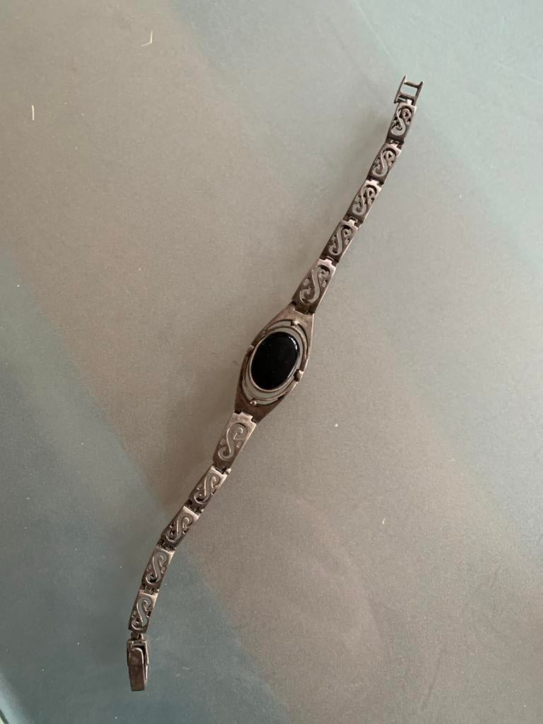 Zilveren armband met onyx en parelmoer, Sieraden, Tassen en Uiterlijk, Armbanden, Zwart, Ophalen of Verzenden, Zo goed als nieuw