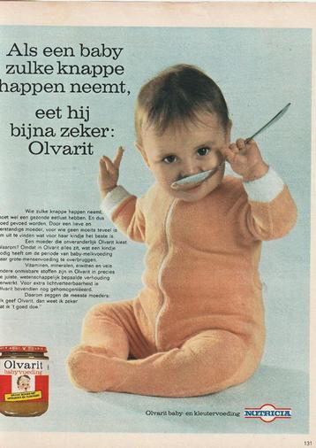 retro reclame 1969 Nutricia Olvarit baby neemt flinke happen beschikbaar voor biedingen