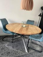 Ronde mangohouten eettafel 130 cm met een matrix poot, Ophalen, 100 tot 150 cm, Rond, Zo goed als nieuw