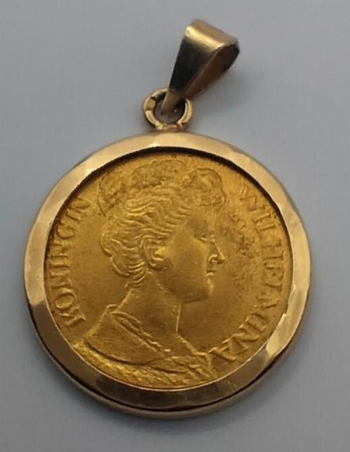 Gouden Wilhelmina vijfje, 1912 900/1000  met 585/1000 hanger, Antiek en Kunst, Antiek | Goud en Zilver, Ophalen of Verzenden