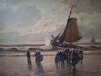 Schilderij Strandgezicht met Figuren en Boot, Antiek en Kunst, Ophalen of Verzenden