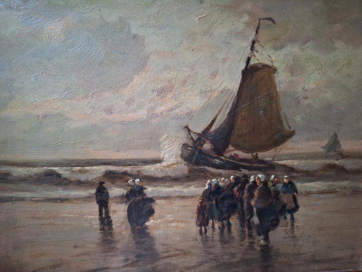 Schilderij Strandgezicht met Figuren en Boot, Antiek en Kunst, Kunst | Schilderijen | Klassiek, Ophalen of Verzenden