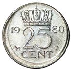 Nederland: kwartje 1980 misslag, Ophalen of Verzenden, Koningin Juliana, 25 cent, Losse munt