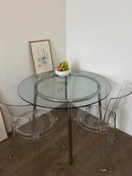 Vintage tafel glas zilver + transparante Ikea stoelen, Huis en Inrichting, Tafels | Eettafels, Glas, 100 tot 150 cm, Rond, Gebruikt