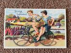 Felicitatie kaart stelletje op de fiets jaren 50, Verzamelen, 1940 tot 1960, Ongelopen, Ophalen of Verzenden