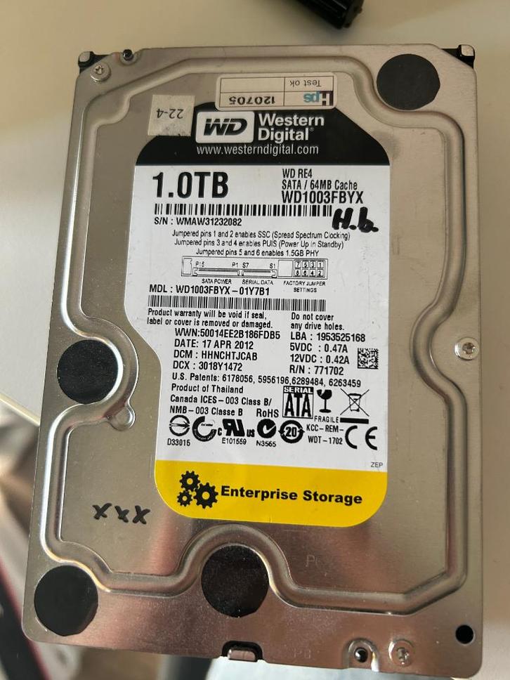 Western Digital RE4 WD1003FBYX 1TB HDD WMAW31232082, Computers en Software, Harde schijven, Gebruikt, Desktop, Ophalen of Verzenden