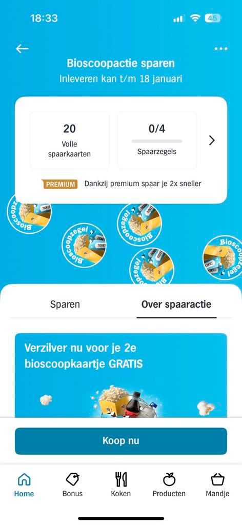 Bioscoop 2e kaartje gratis AH actie 20 volle spaarkaarten, Verzamelen, Supermarktacties, Albert Heijn, Ophalen of Verzenden