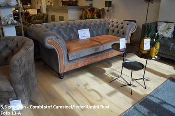 3,5 zits Chesterfield combi grijze stof / cognac leer beschikbaar voor biedingen