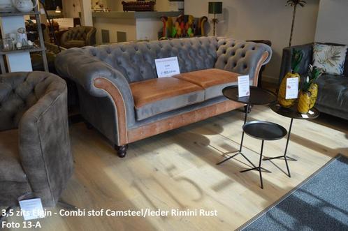 3,5 zits Chesterfield combi grijze stof / cognac leer, Huis en Inrichting, Banken | Bankstellen, Nieuw, 200 tot 250 cm, 75 tot 100 cm