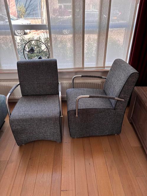 2x grijs gemailleerde fateuil Trendhopper, Huis en Inrichting, Fauteuils, Gebruikt, Metaal, Stof, 50 tot 75 cm, Minder dan 75 cm