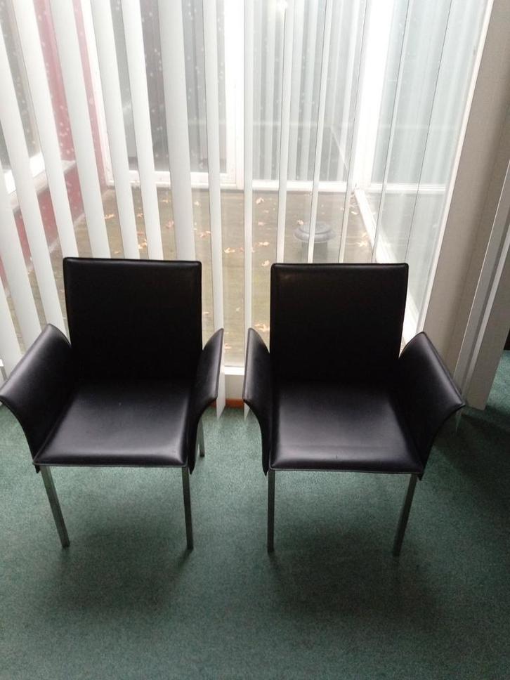 Zwarte lederen stoelen (2 stuks), Huis en Inrichting, Stoelen, Gebruikt, Twee, Zwart, Ophalen
