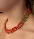 Filigrain 14k gouden slot bloedkoraal 3-strengs ketting dame