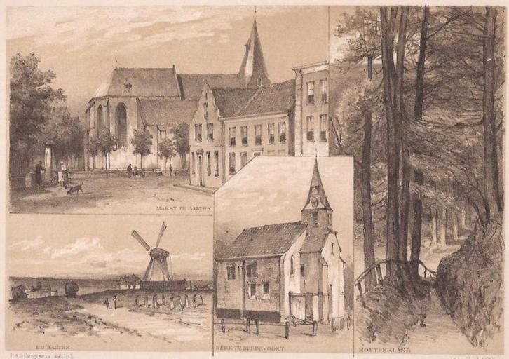 Markt te Aalten- Bij Aalten- Kerk te Bredevoort- Montferland, Antiek en Kunst, Kunst | Etsen en Gravures, Ophalen of Verzenden