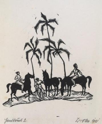 W. Otto (XX-XX) Houtsnede 'Paarden drenken in oase' 1921. Ge