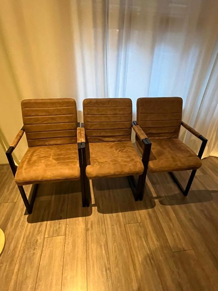 3 Leen Bakker Lizzy eetkamerstoelen - Cognac, Huis en Inrichting, Stoelen, Zo goed als nieuw, Drie, Metaal, Stof, Bruin, Ophalen